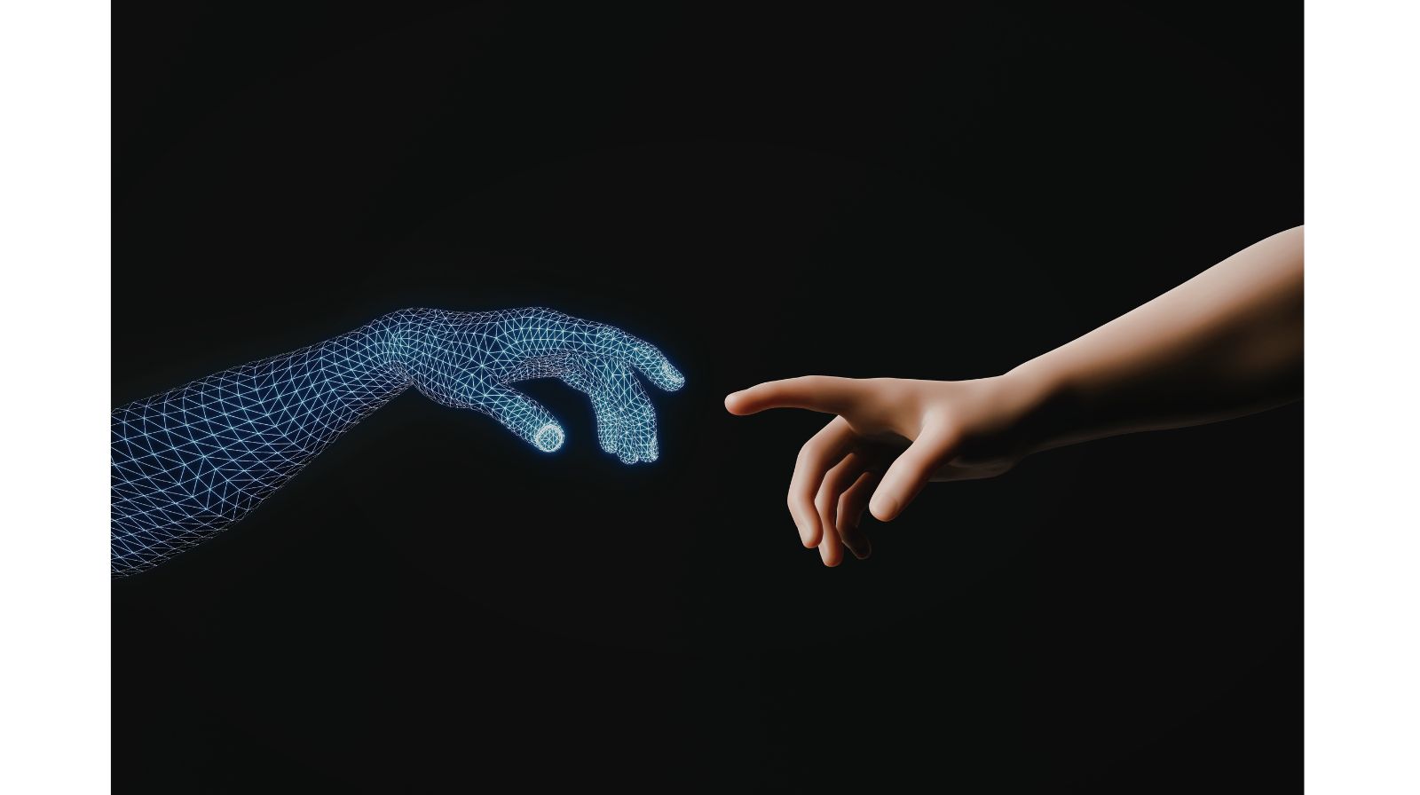 Mano digitale e mano umana che si sfiorano su sfondo nero, simbolo di collaborazione tra AI e professionista per migliorare il Business English.