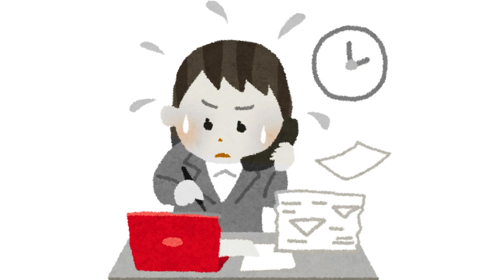 Illustrazione di professionista al computer mentre risponde al telefono e scrive appunti, rappresentazione di poco tempo per studiare inglese al lavoro.