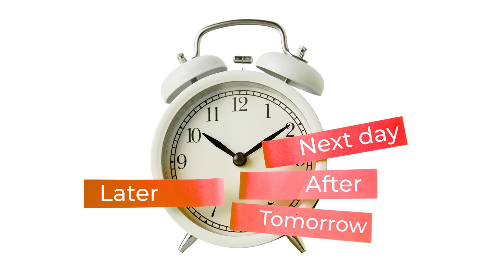 Sveglia analogica con etichette “Later”, “Tomorrow”, “Next day” e “After”, simbolo di procrastinazione nello studio del Business English.