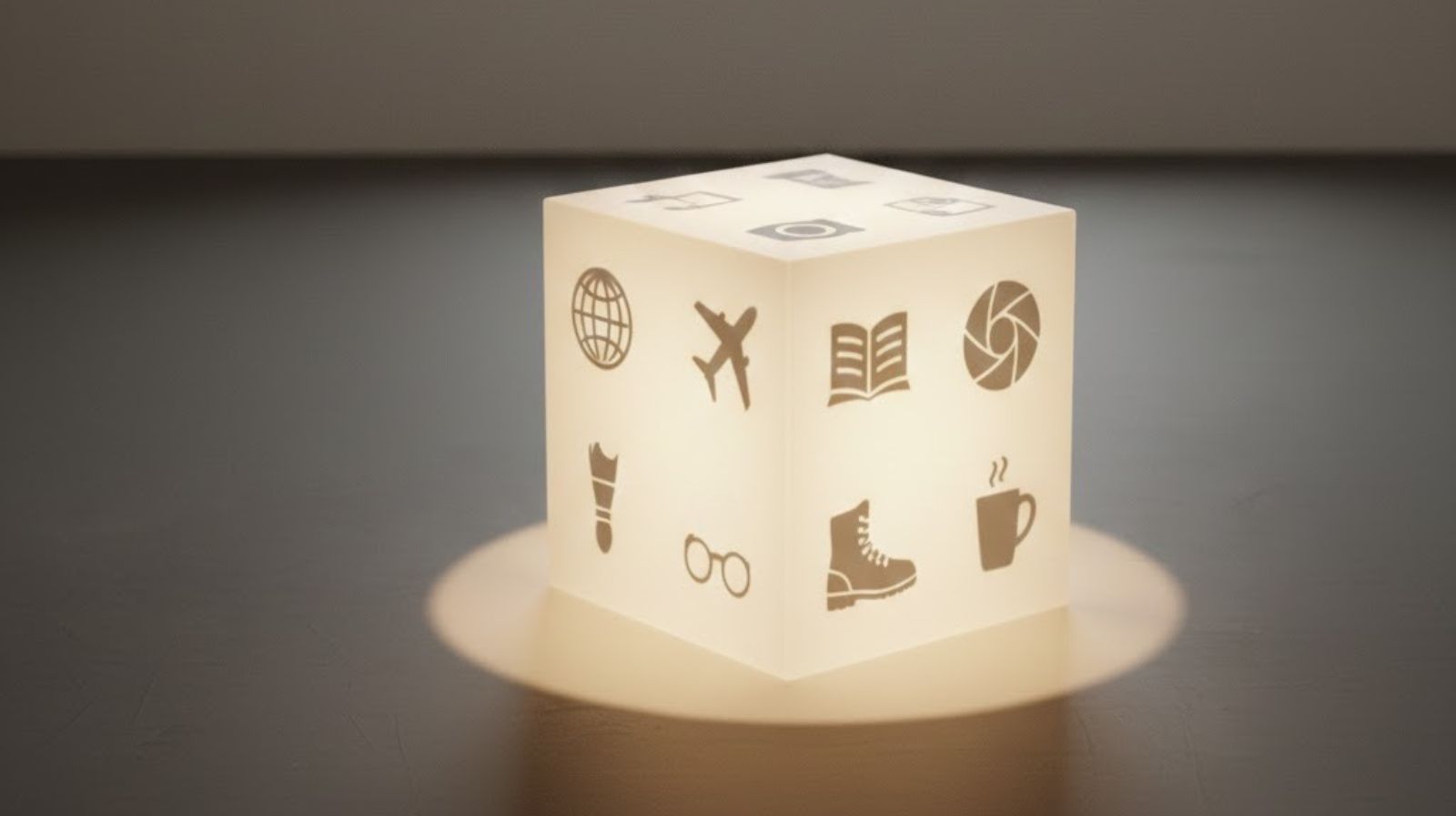 Oggetto con icone simboliche che rappresentano diversi temi di conversazione, metafora degli argomenti nello small talk professionale