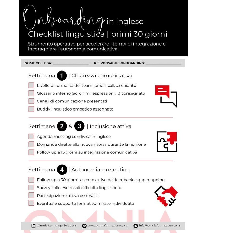 Checklist onboarding in inglese per i primi 30 giorni, strumento operativo per l’integrazione linguistica in azienda