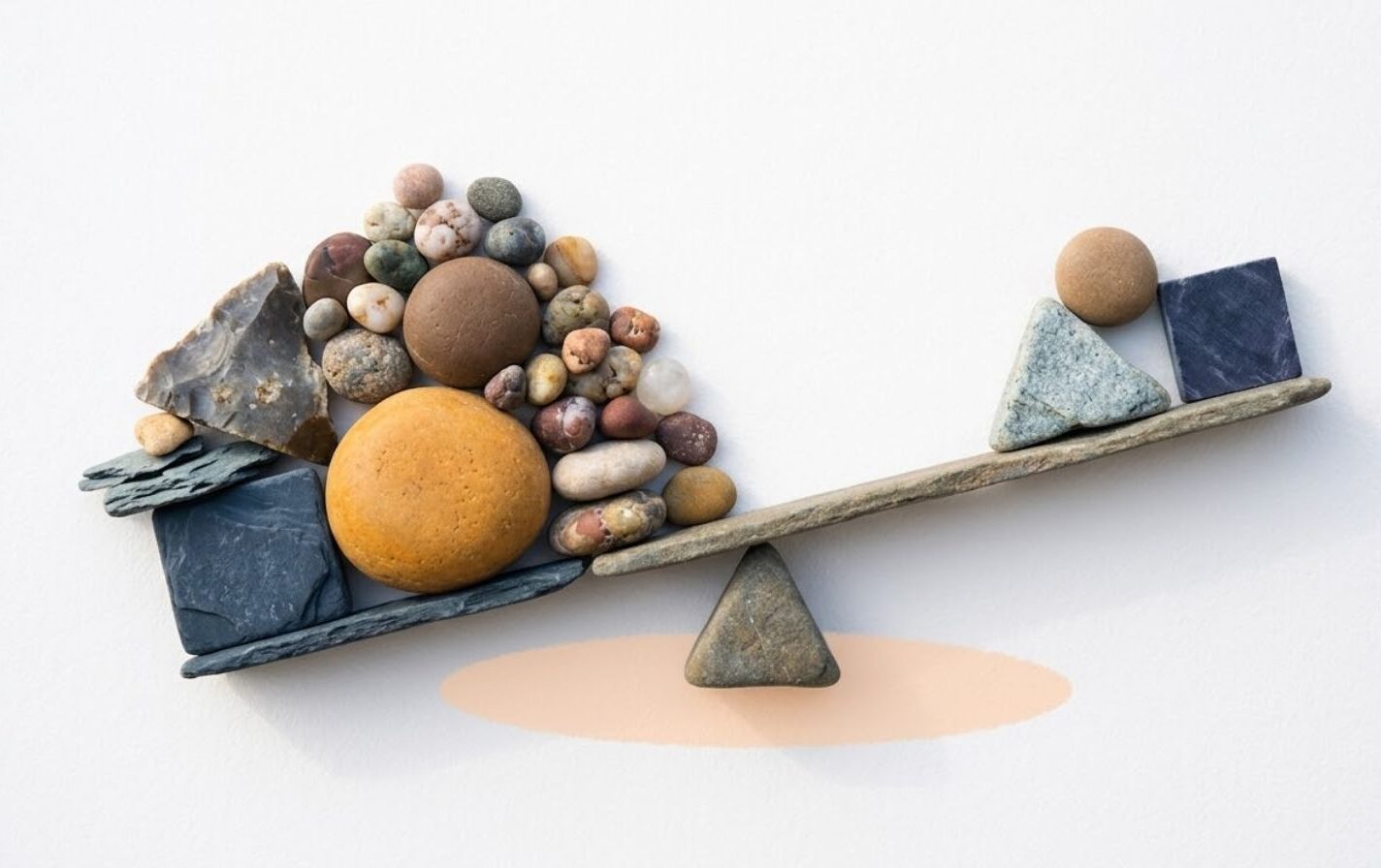 Bilancia inclinata con oggetti diversi a rappresentare lo squilibrio tra competenza tecnica e fluidità linguistica nei team internazionali