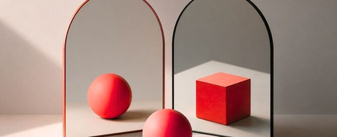 Immagine concettuale minimal con forme geometriche e sfera rossa su sfondo neutro, che allo specchio restituisce 2 immagini diverse, metafora visiva dei false friends nel business English e dei fraintendimenti nella comunicazione professionale.