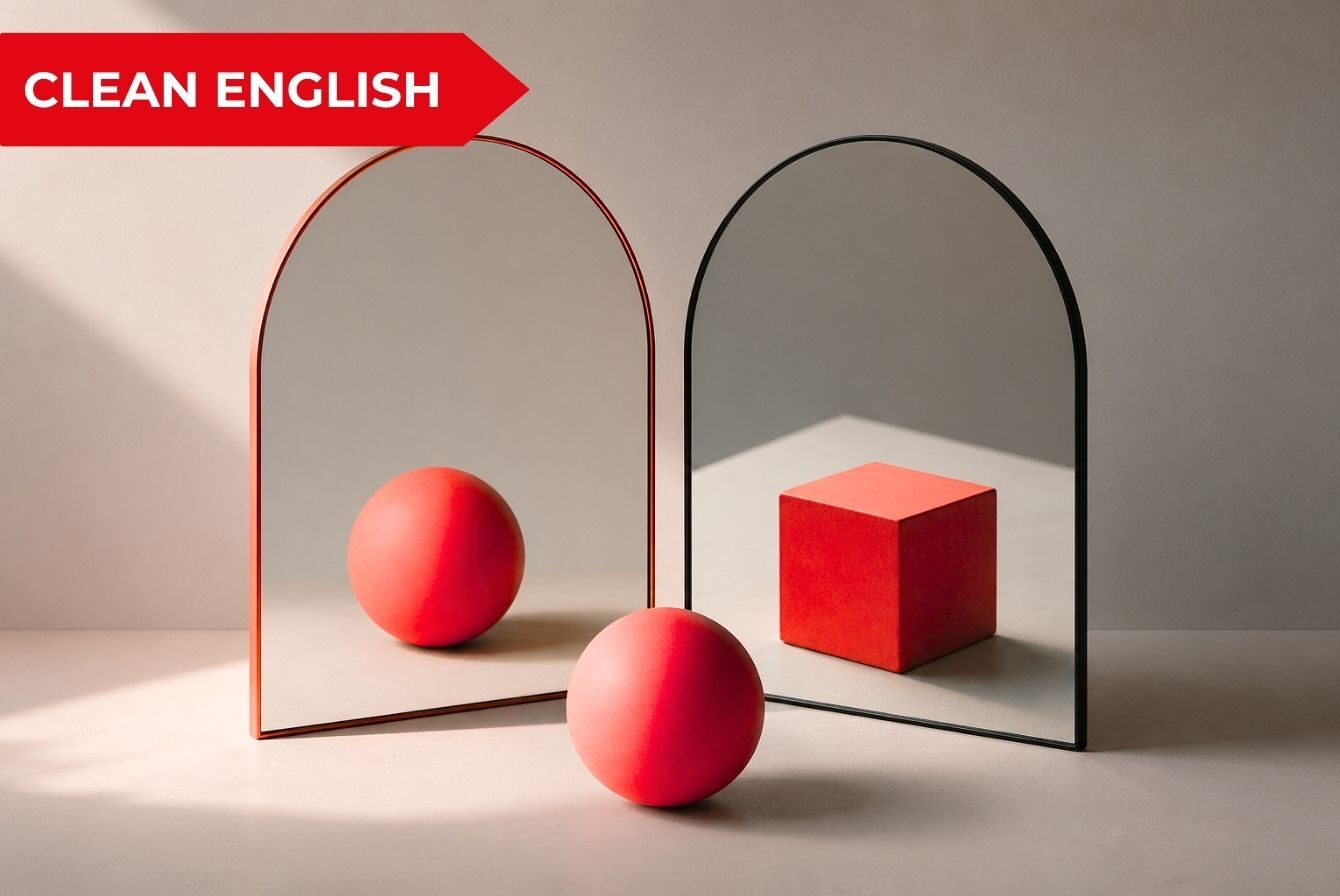 Immagine concettuale minimal con forme geometriche e sfera rossa su sfondo neutro, che allo specchio restituisce 2 immagini diverse, metafora visiva dei false friends nel business English e dei fraintendimenti nella comunicazione professionale.