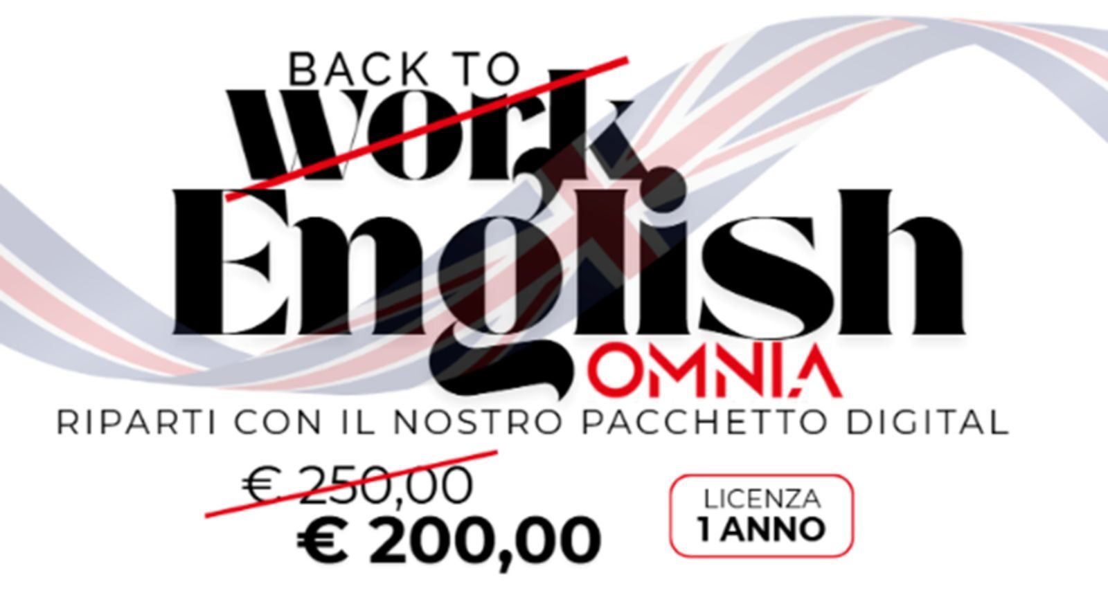 Banner promozionale del pacchetto digitale Back to Work English di Omnia Language Solutions con offerta speciale.